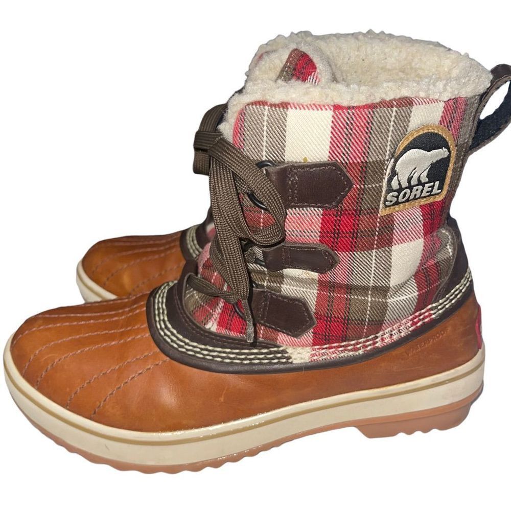 Sorel Tivoli Leather & Shearling Tan & Red Plaid Short Duck Boots - Size 6‎